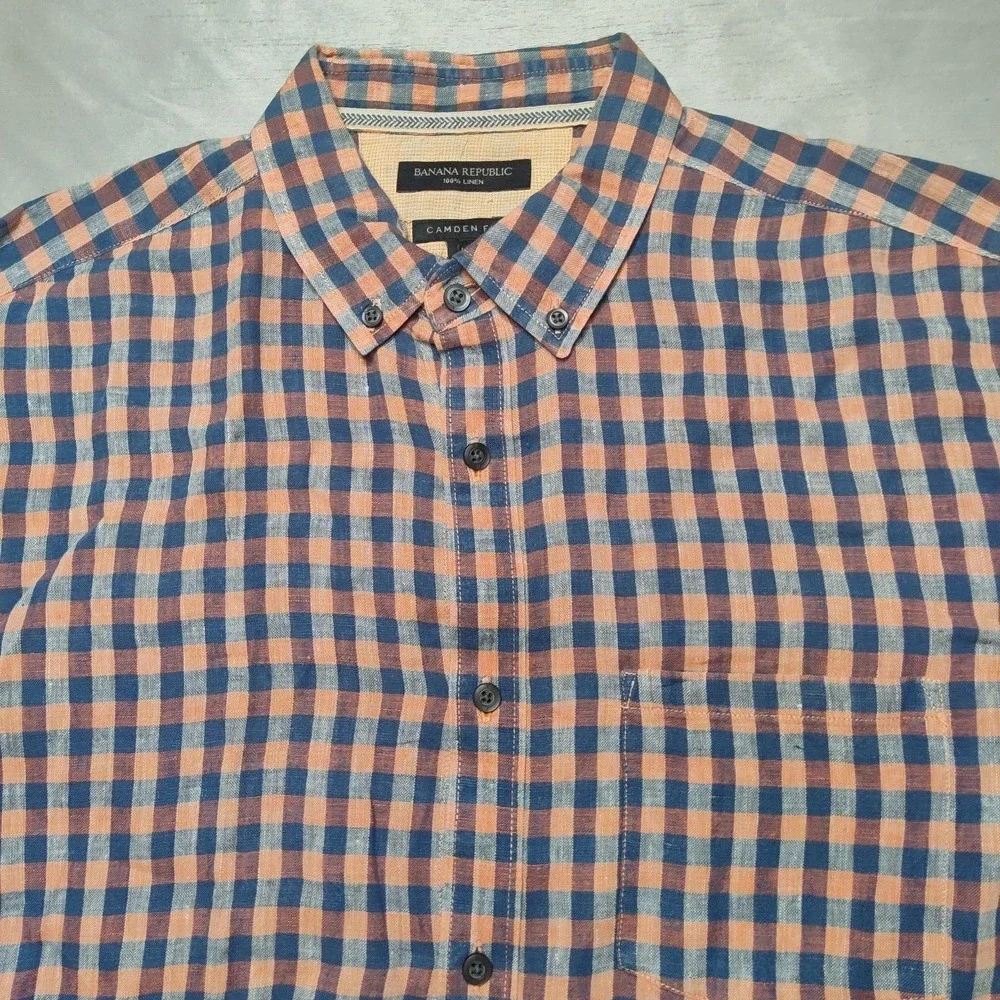 BANANA REPUBLIC CAMDEN FIT LINEN‎ Men Large Blue Orange Plaid Shirt EUC